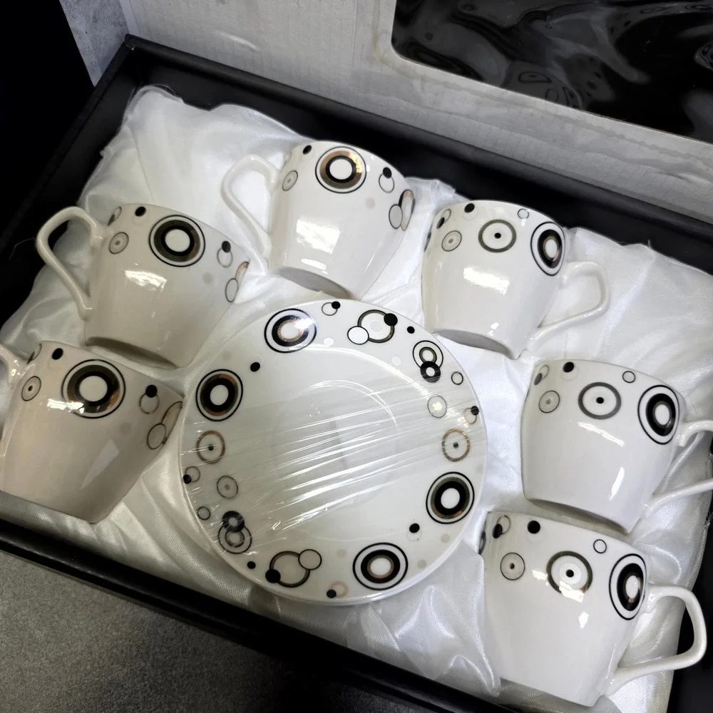 Espresso Cup and Saucer 12pc Set White Black Gold Geometric Modern Minimalist